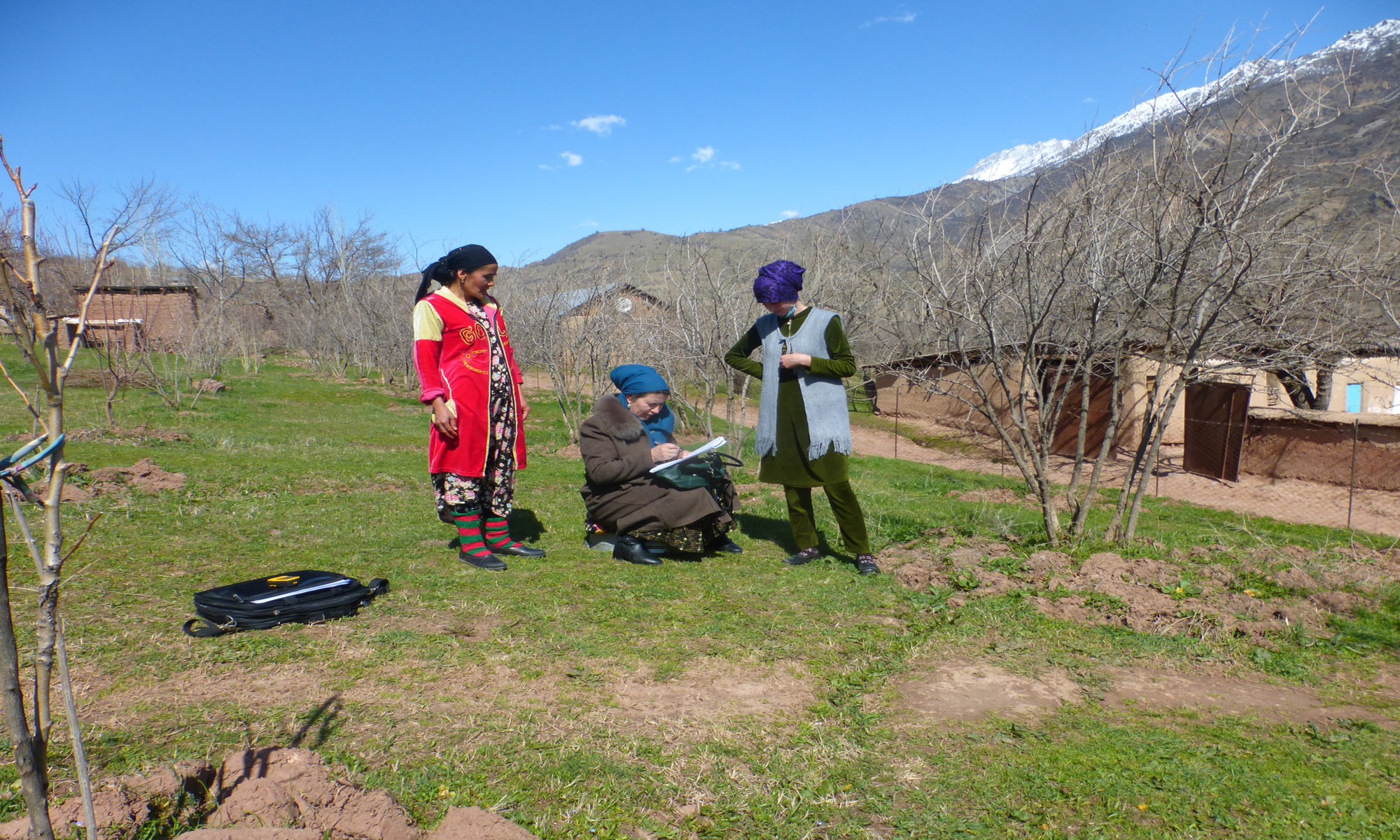 Ganji Tabiat field team observing seedlings in an orchard below the mountains of Khatlon region